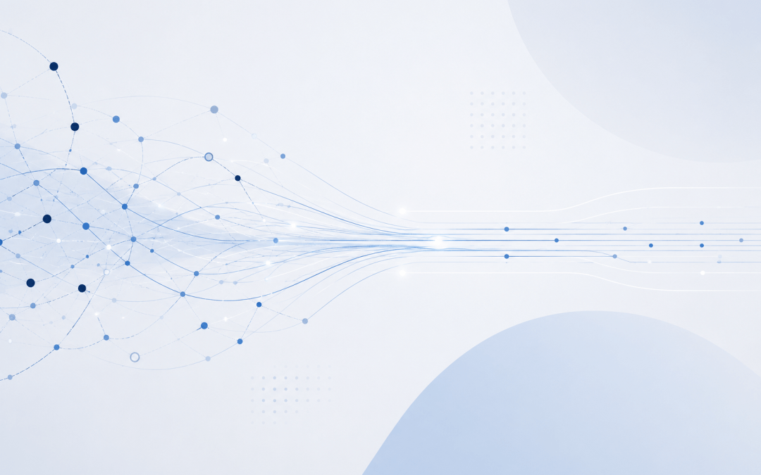 Abstract illustration showing multiple interconnected network nodes and data pathways converging into a streamlined flow, representing operational alignment, connected systems, and organizational efficiency.