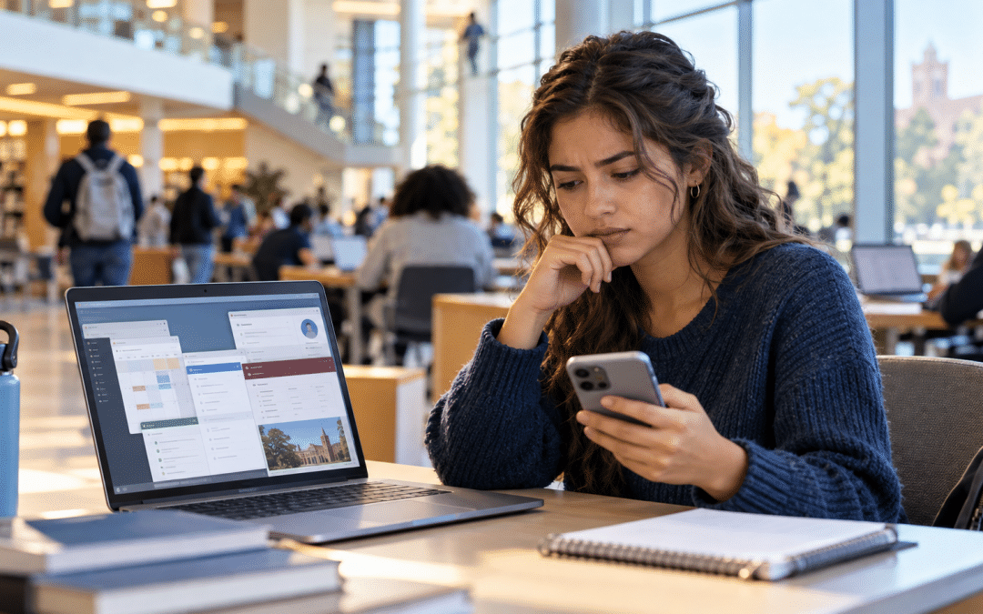 College student reviewing her phone beside a laptop displaying multiple campus application windows in a university library.